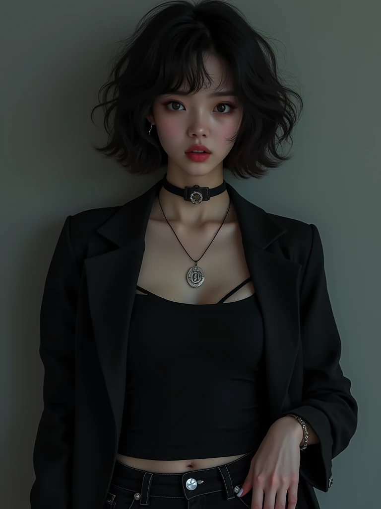 Korean girl wearing a black top and black jacket with a ripped jeans with a short curly hair having a contact lens wearing a necklace with a name of dreary