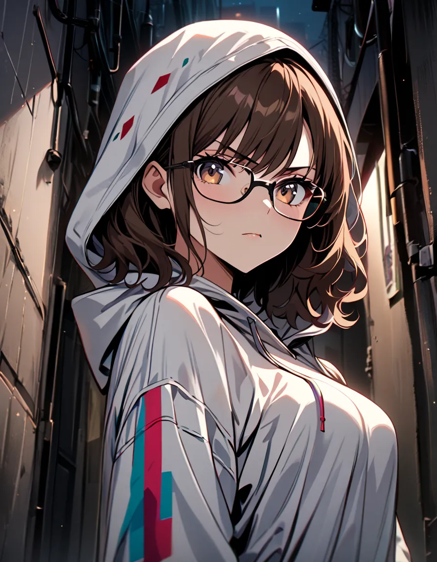 Masterpiece, Alone, 1 girl, 18 years old, glasses, short hair, wavy hair,  dark brown hair , big breasts, black and white multicolor hood, I would be, Serious, LOW_view,  looking-at-viewer , Alley,  at night, high quality, Detailed 