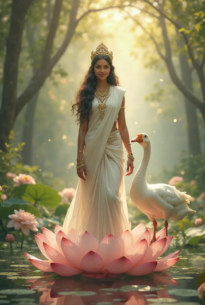 Goddess Saraswati who is dressed in white saree , white crown,who sits on a lotus, accompanied by her goose, who wanders in a beautiful forest without hands. 