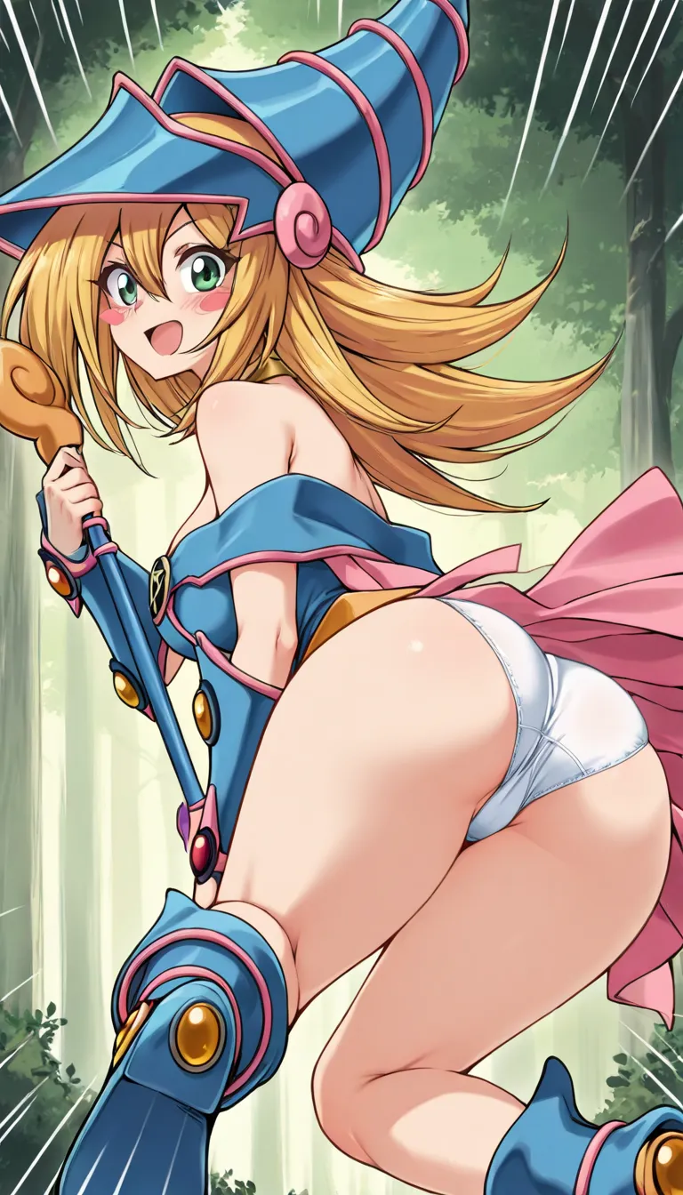 masterpiece, best quality,amazing quality, highest score, absurdres, uncensored,
duel monster, 1girl, solo, dark magician girl, blonde hair, wizard hat, bare shoulders, choker, blush stickers, long hair, blue footwear, green eyes, hair between eyes, blue h...