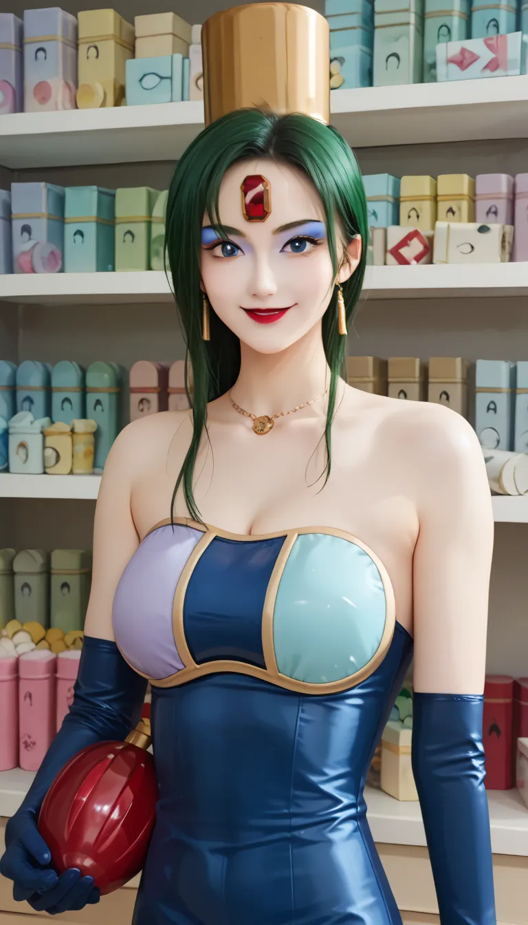 score_9,score_8_up  ,score_7_up  ,very beautiful lady:5.0,    Masterpiece,    Hi-Res,   raw photo, , realistic photo ,anime style,1 girl, , slim ,heavy makeup ,   green hair,  white skin , Red gem on forehead, ,  red lipstick,   eyeshadow , very huge breas...