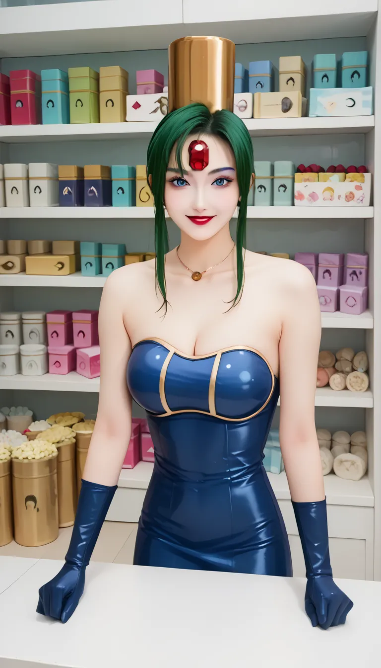 score_9,score_8_up  ,score_7_up  ,very beautiful lady:5.0,    Masterpiece,    Hi-Res,   raw photo, , realistic photo ,anime style,1 girl, , slim ,heavy makeup ,   green hair,  white skin , Red gem on forehead, ,  red lipstick,   eyeshadow , very huge breas...