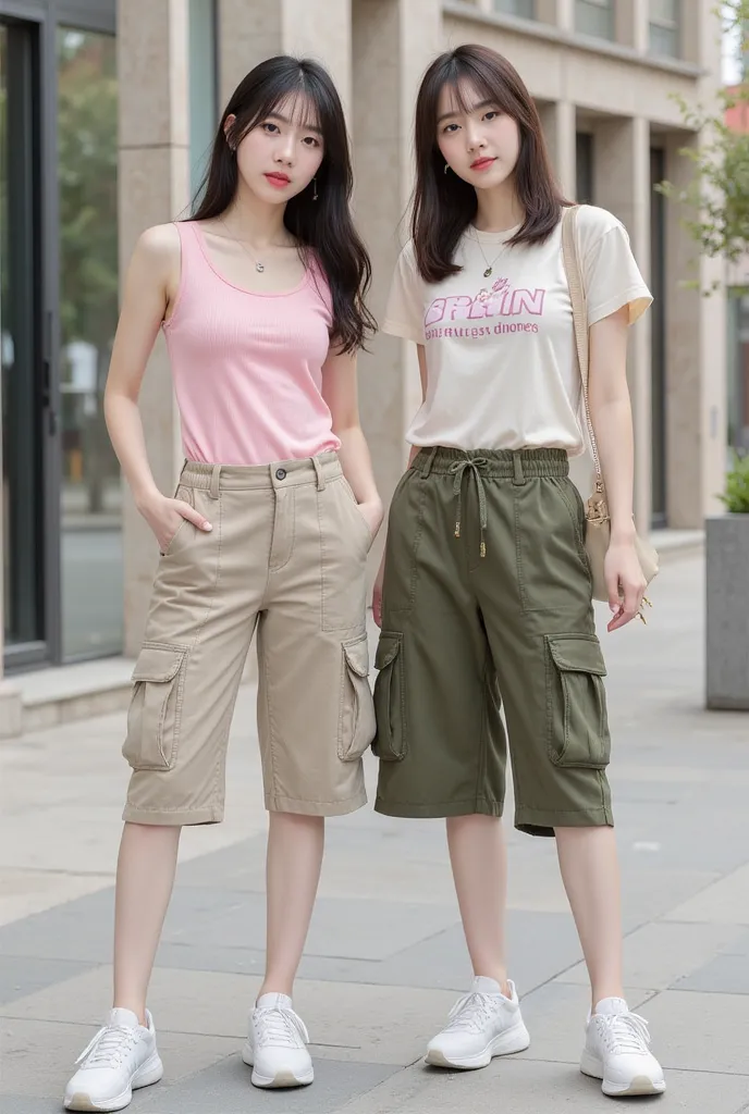 Fashionably stylish Korean beauties wear casual tops, pink tank top,  it says "Brain" Multi-pocket Cargo model shorts, olive color,  sneakers, stand in a fashionable style facing forward, with outdoor background, realists hd 