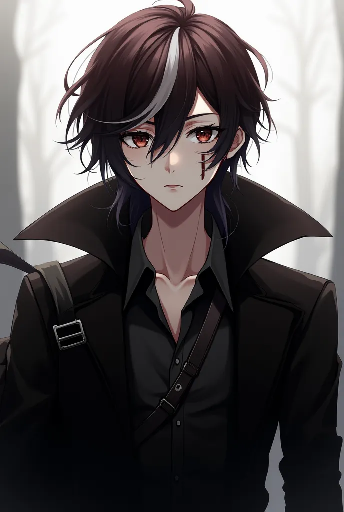 a 28 year old young man, with a long black sack, black elegant shirt , brown hair with a white strand in the hair. With a scar that goes through his eye to his lip.  with an anime  