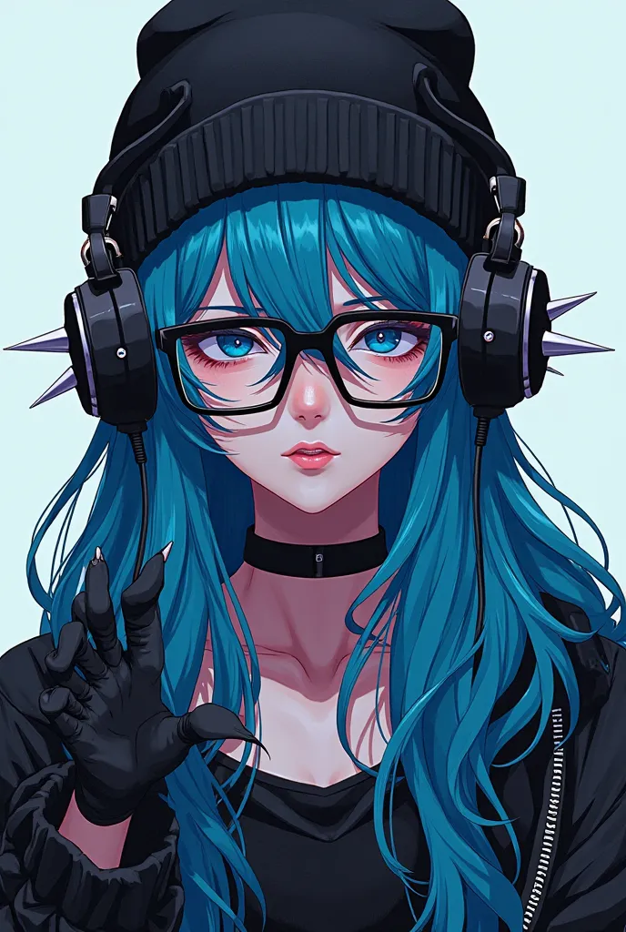 A women with blue long hair,black small square glasses,a black giant beanie,black headphones with white spikes coming out from them,black gloves fingerless,a black shirt , anime style