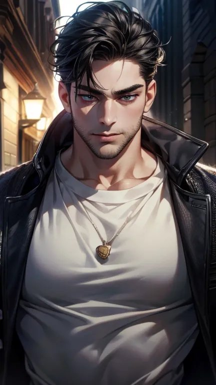 (best quality,4K,8k,highres,masterpiece:1.2),breasts,(Realistic,photoRealistic,photo-Realistic:1.37),36-year-old man,3 day beard,cute anime ,Portraits,strong,masculine,  dark hair,sharp jaw,  mesmerizing eyes  ,  perfectly styled hair,  cool anime outfit,c...