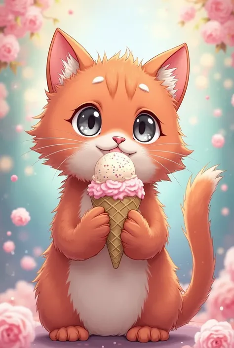 Pic of anime cat, this cat is fulffy , her color is red and grey eyes , she is eating ice cream , she is over the moon