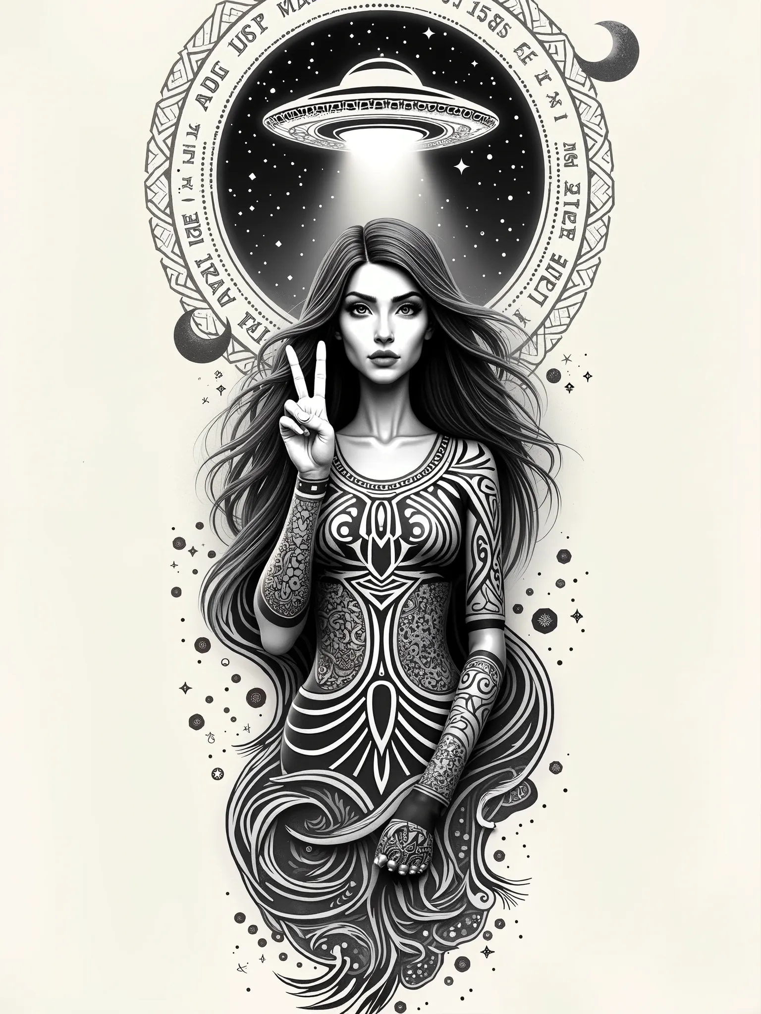 3D full-sleeve Maori tribal tattoo design on white paper. Mystical Life theme featuring seamless blends of ancient symbols, faded and celestial elements (stars, moons, etc.) Golden ratio, sacred geometry, Design excludes text; main focus is of a UFO abduct...