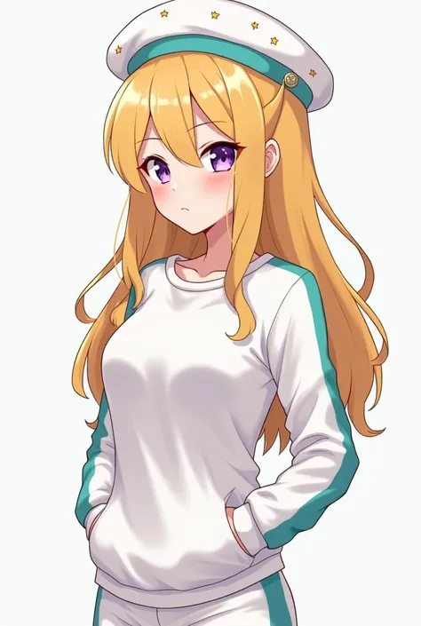 A blonde girl Clara, With purplish eyes, With a Russian aura, De Conflection Delgada, wearing a white beret with small stars and suns, completely sporty white blouse with a white sweatshirt with a mint stripe, white sports pants, anime style the face is se...