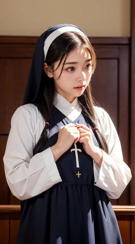  clothes have been taken off ,  Country Dress 、young nun, Bible,  Gray Hair, church,   realistic and detailed eyes  ,(((    she was made to ejaculate   ))),Kind Face、  clothes have been taken off 
