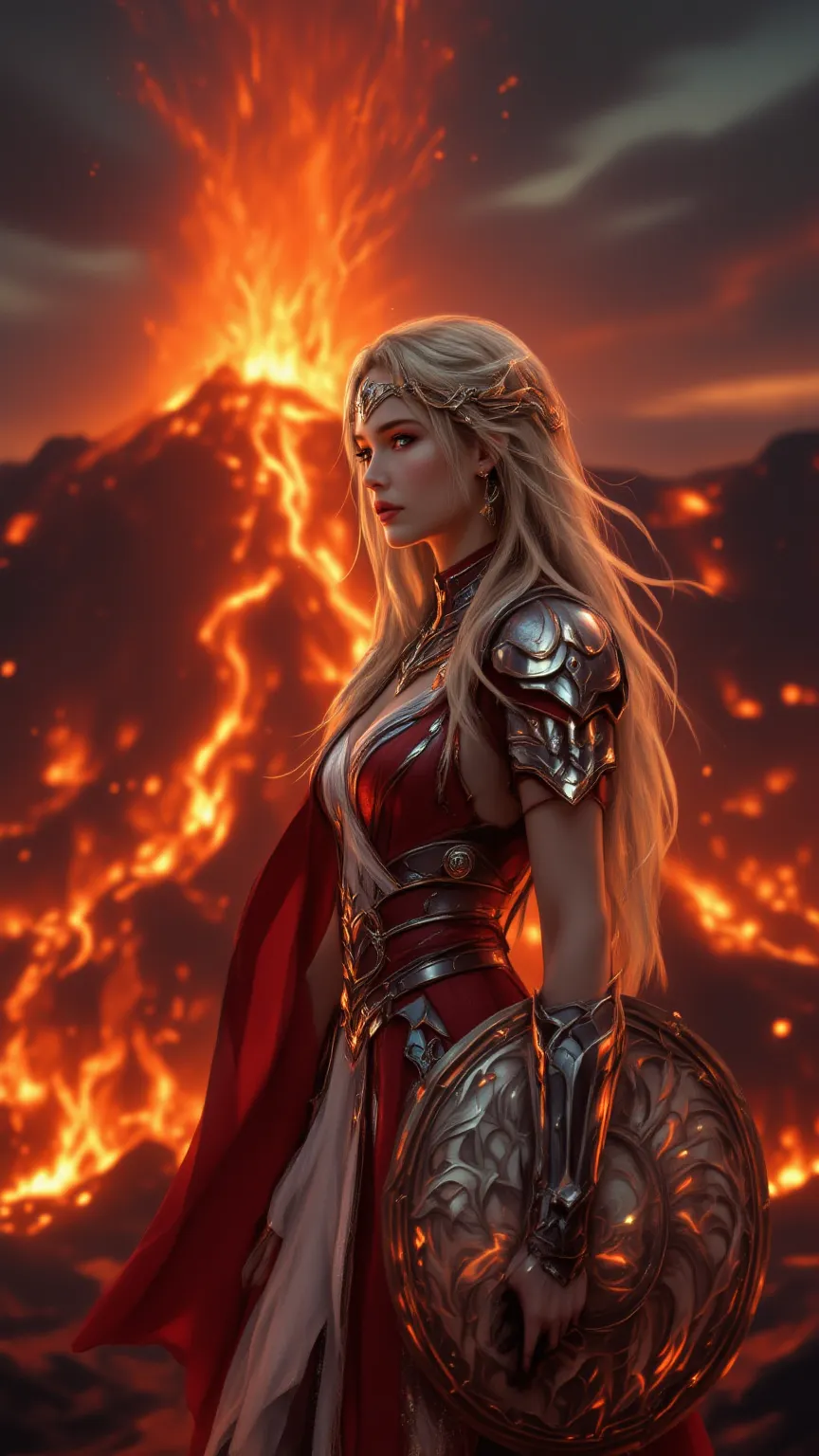 “Ia lava-flowing volcano background, a beautiful young woman with long blonde hair stands. He wears a red and white battle suit inspired by Athena from Greek mythology, 부엉이 얼굴 모양의 투구를 머리에 쓰고있다, holding an owl-shaped shield.”