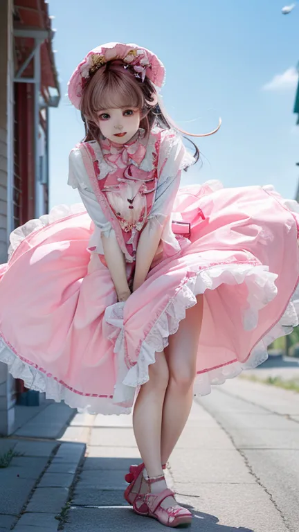 1 girl,  cute woman、 pull the skirt, low angle，upskirt, blond with a big face、pink dress、long skirt、shoes、Strong winds、wind lift, anime style、Embarrassed Face、Prairie with a good view