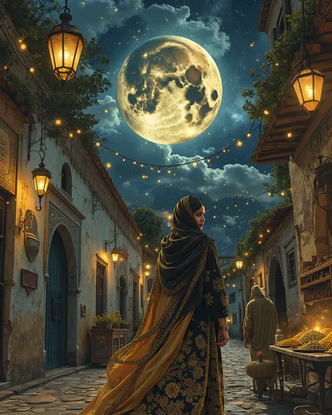 A breathtaking, hyper-realistic cinematic portrait of a beautiful woman wearing an elegant hijab dress, walking through a narrow, blue-painted alley in Fez, Morocco, under a dramatic Starry Night-inspired sky. The scene is illuminated by a colossal, lumino...