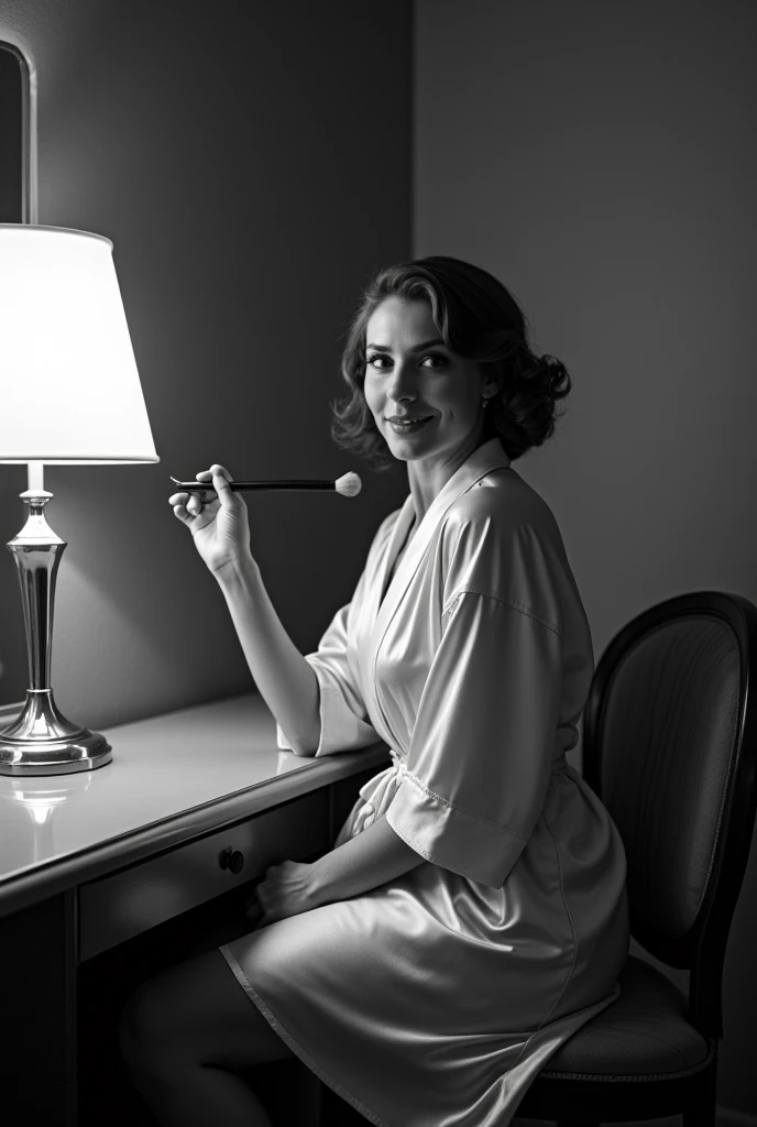 A black-and-white vintage-inspired photo of a woman sitting on a vanity table, wearing a delicate satin robe that slips off her shoulders. She holds a makeup brush, playfully posing in front of a mirror with a cheeky smile. The room is filled with soft, am...