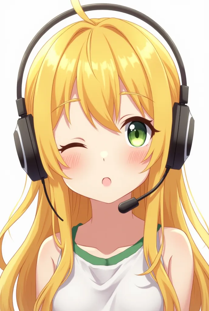 long blonde hair wearing a gaming headset、An anime character with、 winking、front。
