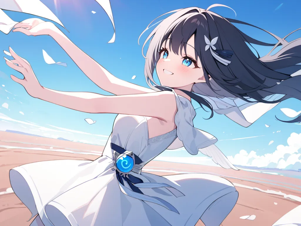 1 girl, Vision, Uyuni Salt Lake,blue sky,white dress,smile,hair that flutters in the wind,  black hair, While dancing,