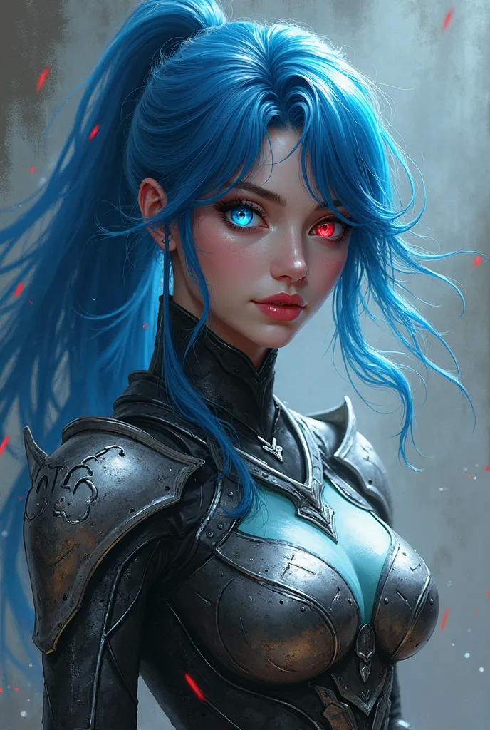 A  lady and her blue hair and siren eyes . One Lence are blue and another eye Lence is red . Wear a warrior suit 