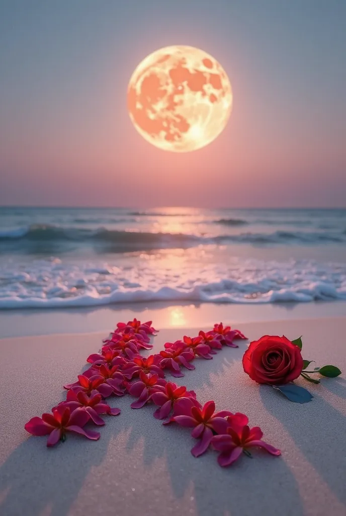 A large, bright, and detailed full moon is positioned high in the image against a pastel, twilight sky with a gradient of pink and purple.  The sky is a soft gradient of pink and blue.  A beach scene is shown, with light beige sand.  On the sand,  rose pet...