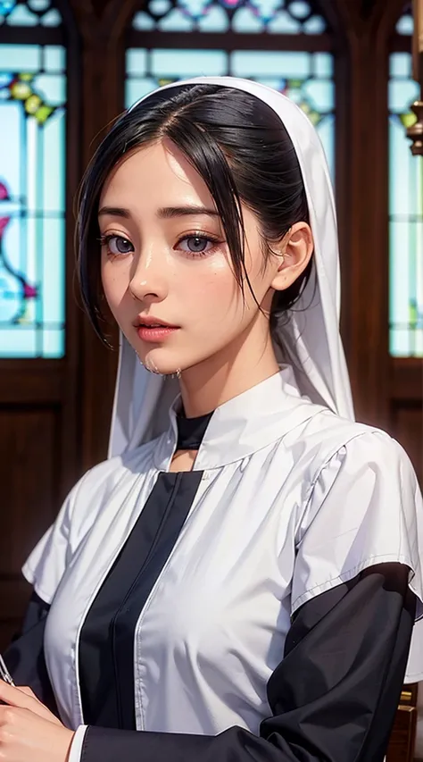  clothes have been taken off ,  Country Dress 、young nun, Bible,  Gray Hair, church,   realistic and detailed eyes  ,(((    she was made to ejaculate   ))),Kind Face、  clothes have been taken off 
