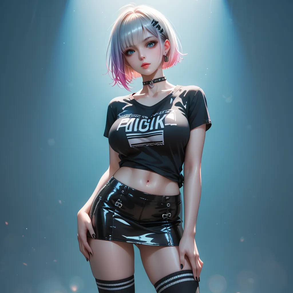 hand on own ass, (black, hair, gradient hair ), top quality、 ( professional lighting without shadows )、 surreal, is fascinating、figure like a slender supermodel、 1 girl, ( big breasts, Belly button exposed), ( flat at honny, beautiful skin)), (明るい and beau...