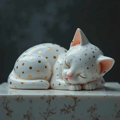 Photorealism. Low angles. Full body shot. Camille Claudel style. Background is late night darkness, white and silver thick fog. Photograph of a large white and gold polka dot marble sculpture of a soft sleeping kitten in Japan.