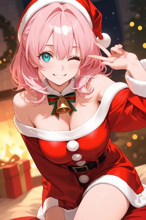 best quality，1 girl，medium hair，pink hair，cyan eyes，Santa Claus costume，off-shoulder，clothed，one eye closed，smile