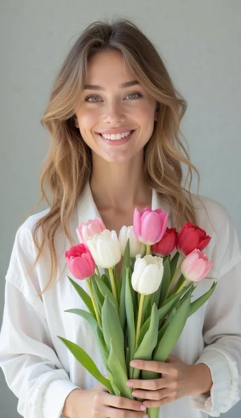 
"A beautiful young woman, 177 cm tall, weighing 74 kg, with a naturally harmonious figure and smooth feminine curves. She is wearing a loose white shirt, standing in a bright and spacious studio with a light gray background. She is holding a bouquet of tu...