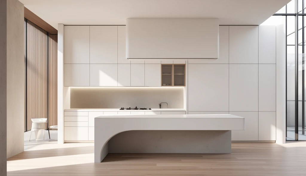 Hyperrealistic artistic photo of a minimalist kitchen inside a SANAA-designed house. Clean white surfaces, seamless cabinetry, large floor-to-ceiling glass windows, soft natural light. Floating kitchen island with smooth concrete countertop. Subtle curves,...