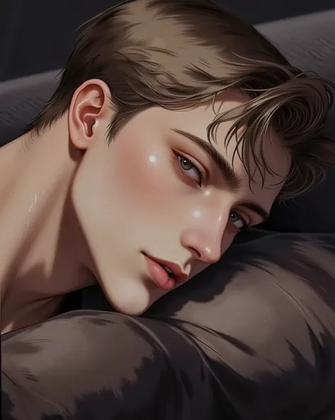 "A steamy anime-style scene in a cozy living room at night, first-person POV of a woman straddling a handsome man lying on a sofa. The man has short, wavy light-brown hair wet with sweat, deep grey eyes with long thick lashes, sharp sensual features, broad...