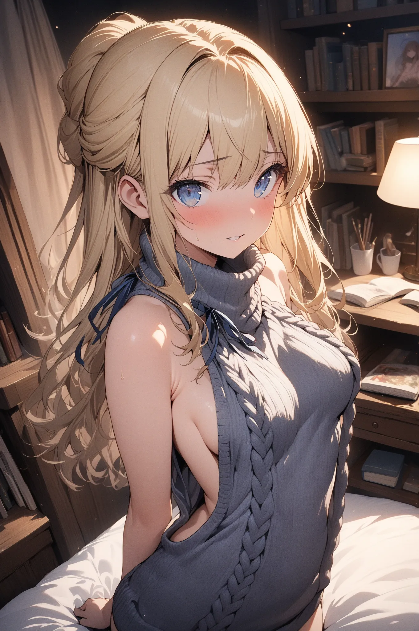 (masterpiece, detailed:1.2), One Girl, Princess, (18-years old), blonde half updo, Medium Breasts, sky blue eyes, BREAK, Highest quality, virgin killer sweater, in her room, cushions, books, at night