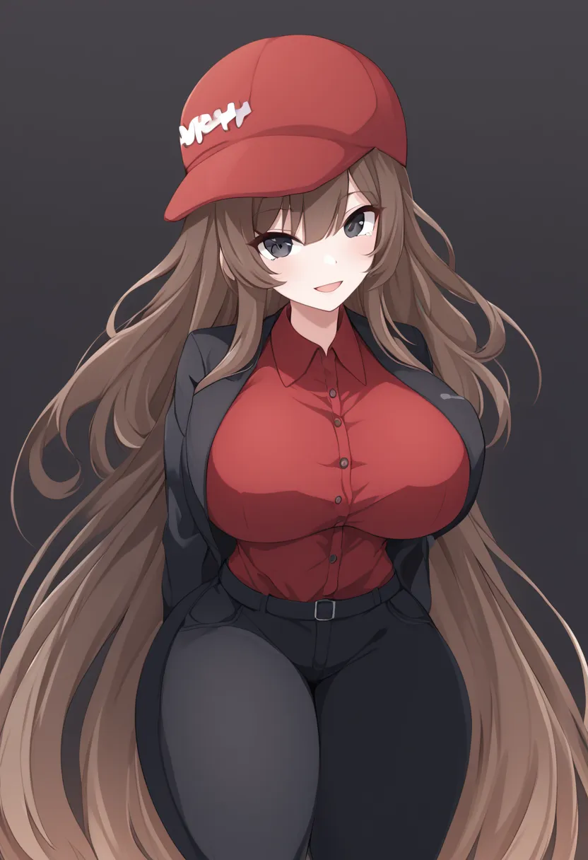 HypnoLullabyGF, 1girl, hat, solo, brown hair, jacket, red headwear, pants, smile, red shirt, black eyes, open mouth, black jacket, large breasts, very long hair , looking at viewer