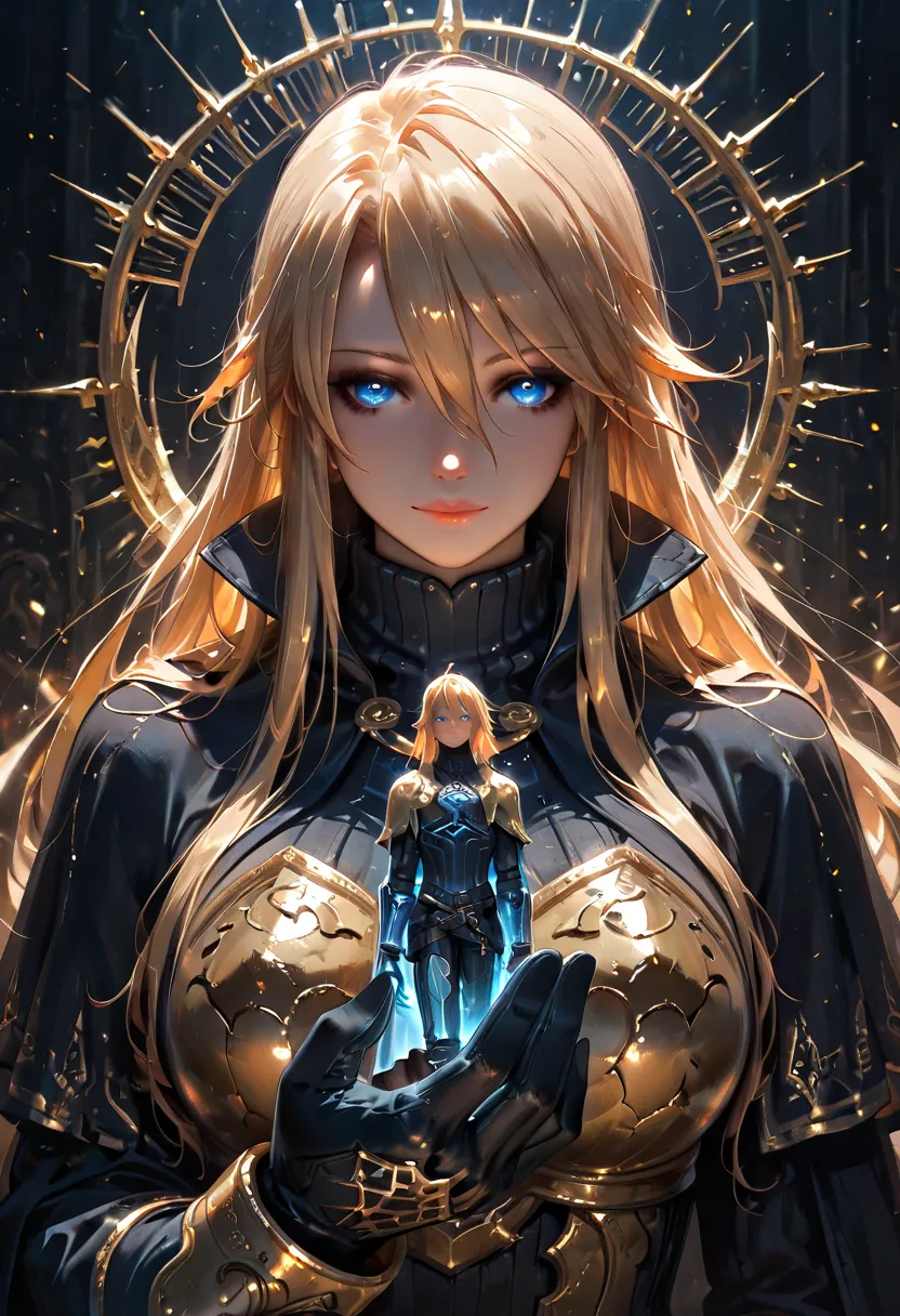 masterpiece, best quality, 1 person, adults, focus on men, alone, Medium blonde  ,  Bright Blue Eyes ,   gloves,  Viewer, Cape,  high quality metal texture , semi-metallic armor, closed mouth, black metalic   gloves, upper body, Bangs, high collar,(KBXLL's...