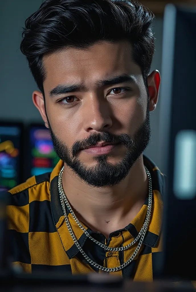 A 25 year old boy is sitting in front of a computer desk with a mic and a laptop. He is wearing a black and yellow checked shirt and has black hair against a black themed background.