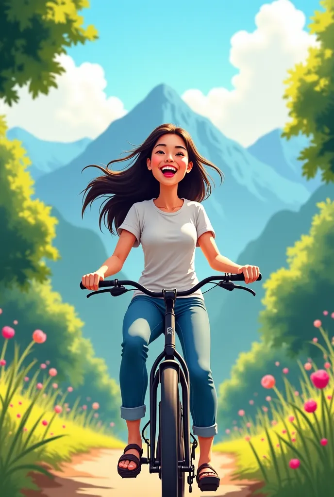 Thai woman in her 30s wearing black hair, white t-shirt and jeans. Riding a bicycle, she smiles happily, high resolution mountain trees background.ตัวกาตูน