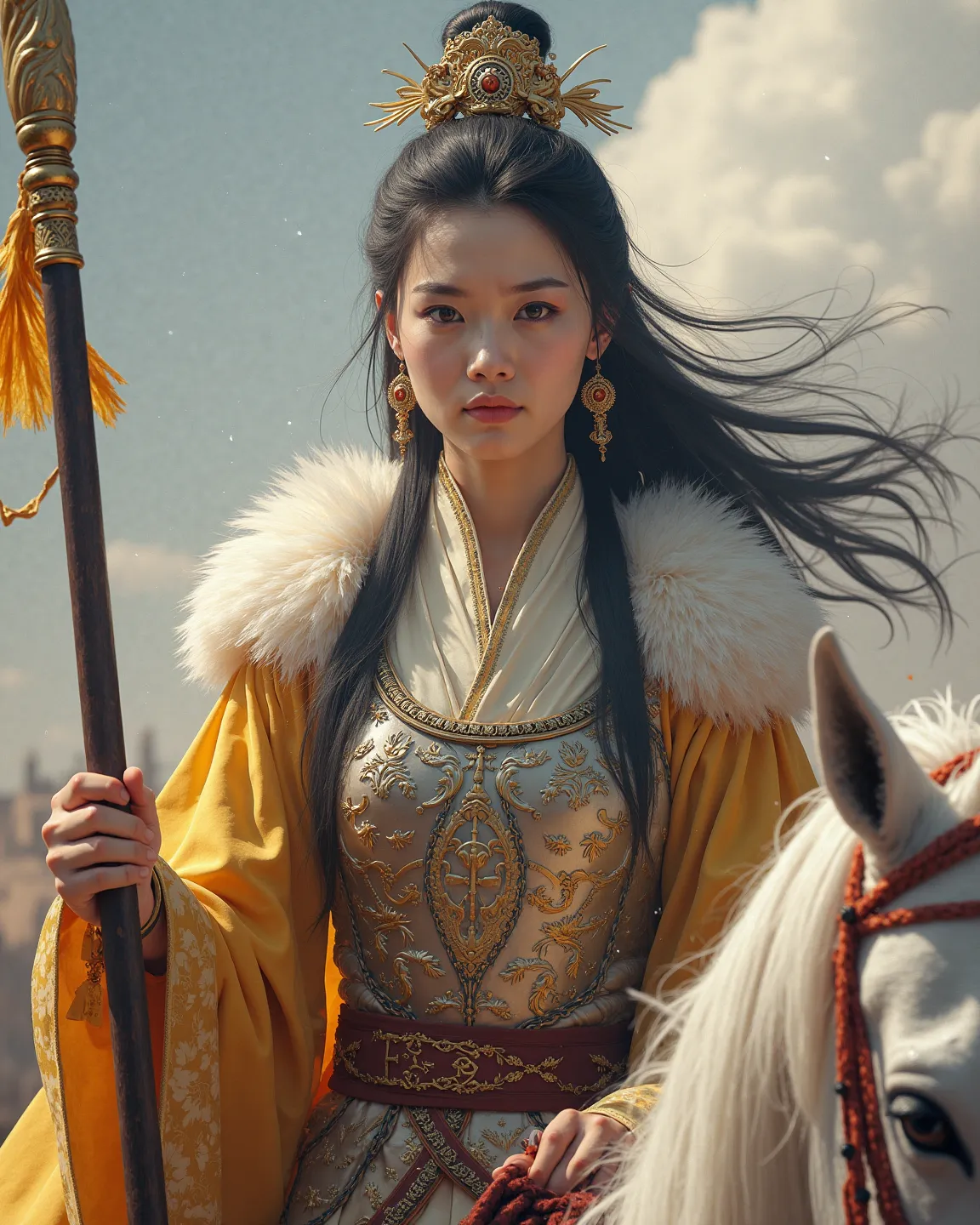 An ancient Chinese queen with a beautiful, realistic and realistic face，long black hair，Wearing platinum phoenix armor，A yellowish and white feather cape is wrapped around the neck，A war horse riding a white horse，Hand in hand a war spear，Charge on the bat...