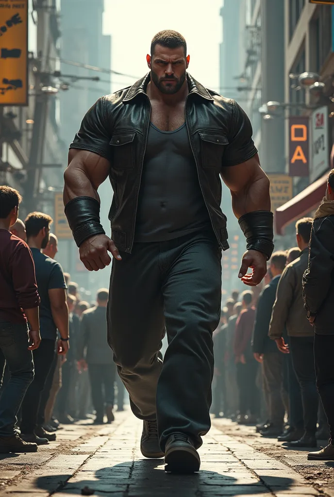 A muscular and big man, walking down the street while people look on in fear.