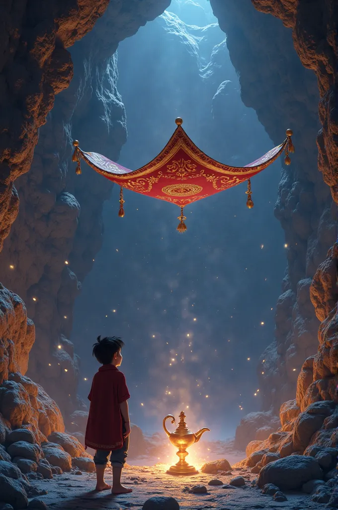 Magic carpet showing a mysterious lamp to alladin at cave