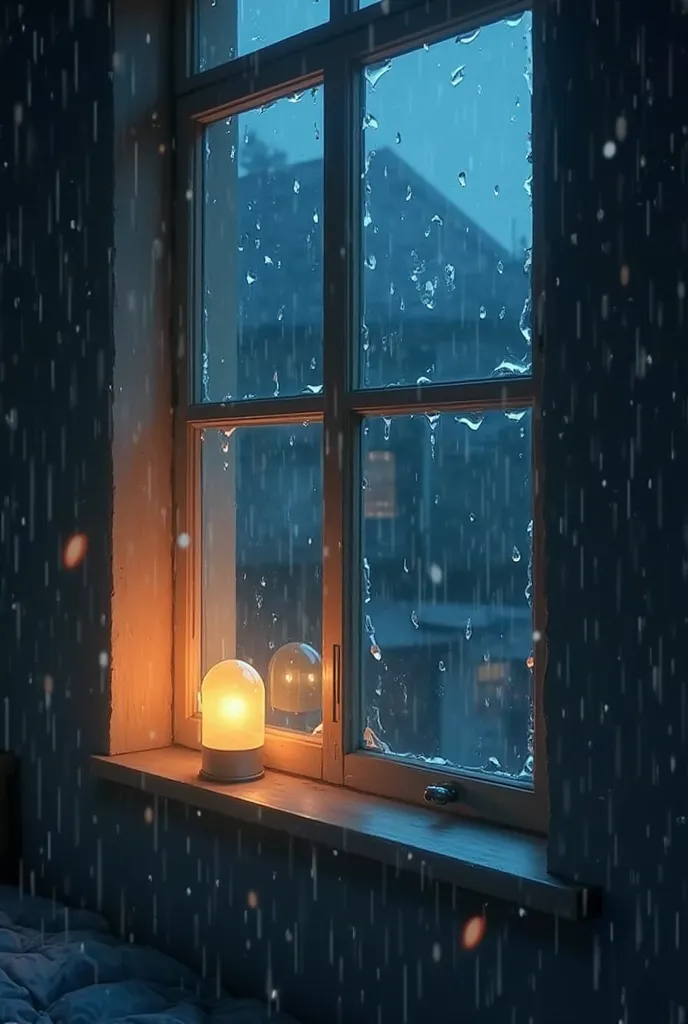 Overhead shot of a rainy night window sill，The glass shows the warm light in the house and the cool blue night outside | Ghibli Healing Wind × Movie Light and Shadow | Raindrops reflect memory fragments on the glass Effects 9：16