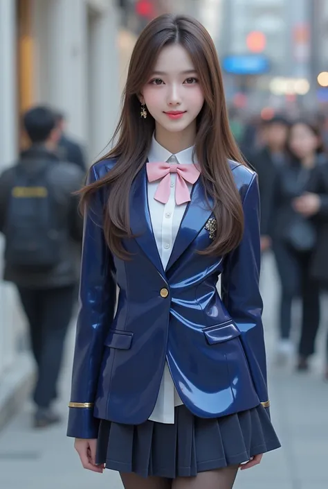 (dark blue pleated skirt very shiny metallic:1.4),(very cute young face:1.1),(Large sparkling eyes, clear,  and interesting :1.1), (korean idol face:1.1),very beautiful and cute girl,(:1.2),(Knee-length brown straight hair that is smooth and soft like silk...