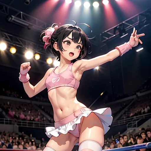 Illuminated by the colorful arena lights, cute Japanese girl fighter is walking down the aisle in the arena. (((She is raising one hand to the crowd's cheers))). She has a spirited look on her face and her eyebrows are raised. She flaunts her prized shaped...