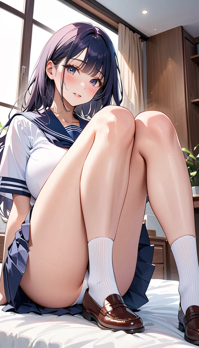 very cute and beautiful girl, beautiful illustration, huge breasts, (sailor school uniform), (navy blue pleated mini skirt:1.15, socks, loafers), sitting, (knees up:1.5), (knees together feet apart:1.4), from below, (white panties, lift skirt, pantie shot,...