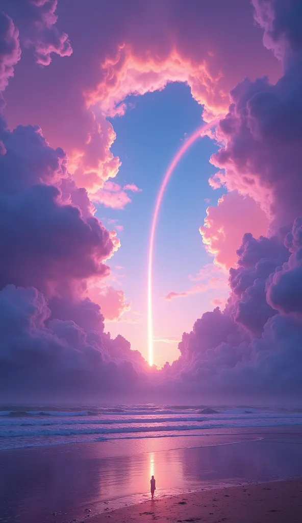 A surreal and breathtaking fantasy landscape featuring a dramatic, swirling sky filled with deep purple, magenta, and indigo clouds. A luminous, curved rainbow arcs majestically across the scene, glowing with a golden aura. The setting is an otherworldly b...