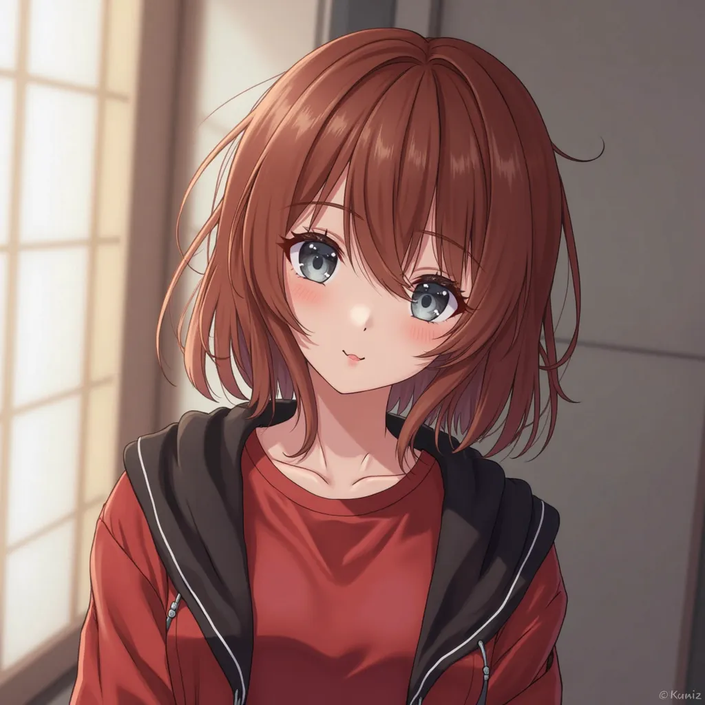 ( award winner,  highly detailed , ultra quality: 1.3), (Photorealistic :1.4), masterpiece, highres, very beautiful Japanese girl,  of 23 years,  with medium-length reddish brown hair , t-shirt and jacket that has chunks of brown-beige hair that fall on th...