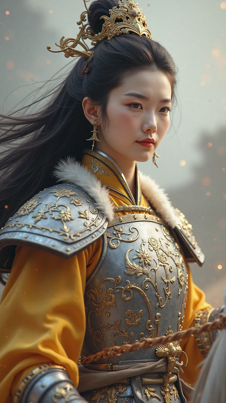 An ancient Chinese queen with a beautiful, realistic and realistic face，The face is majestic and murderous，long black hair，Wearing platinum phoenix armor，A yellowish and white feather cape is wrapped around the neck，A war horse riding a white horse，Hand in...