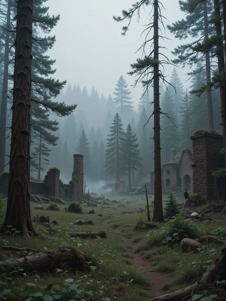 there is an abandoned and destroyed city in the forest with many trees and grass in it among the ghost town, there are several ruins and debris of destroyed houses and buildings scattered among the trees, the grass and vegetation spread among the ruins and...