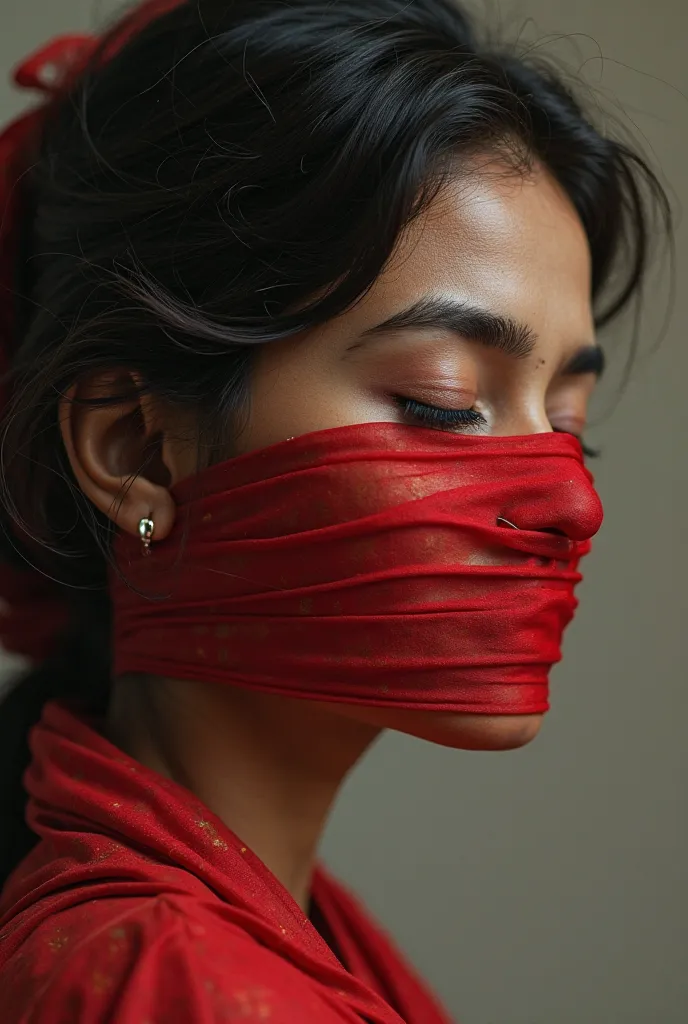 draw a Bangali woman side profile, her eyes are bound with red ribbon and her mouth is bound with a red ribbon side profile, shutting her eyes