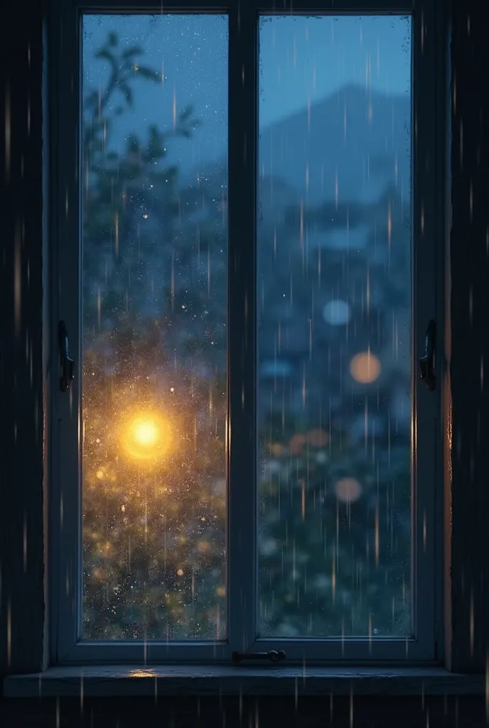 Overhead shot of a rainy night window sill，The glass shows the warm light in the house and the cool blue night outside | Ghibli Healing Wind × Movie Light and Shadow | Raindrops reflect memory fragments on the glass Effects 9：16