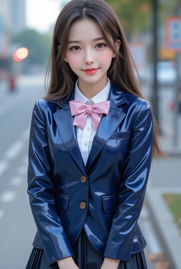 (dark blue pleated skirt very shiny metallic:1.4),(very cute young face:1.1),(Large sparkling eyes, clear,  and interesting :1.1), (korean idol face:1.2),very beautiful and cute girl,(:1.2),(knee-length brown straight hair that is smooth and soft like silk...