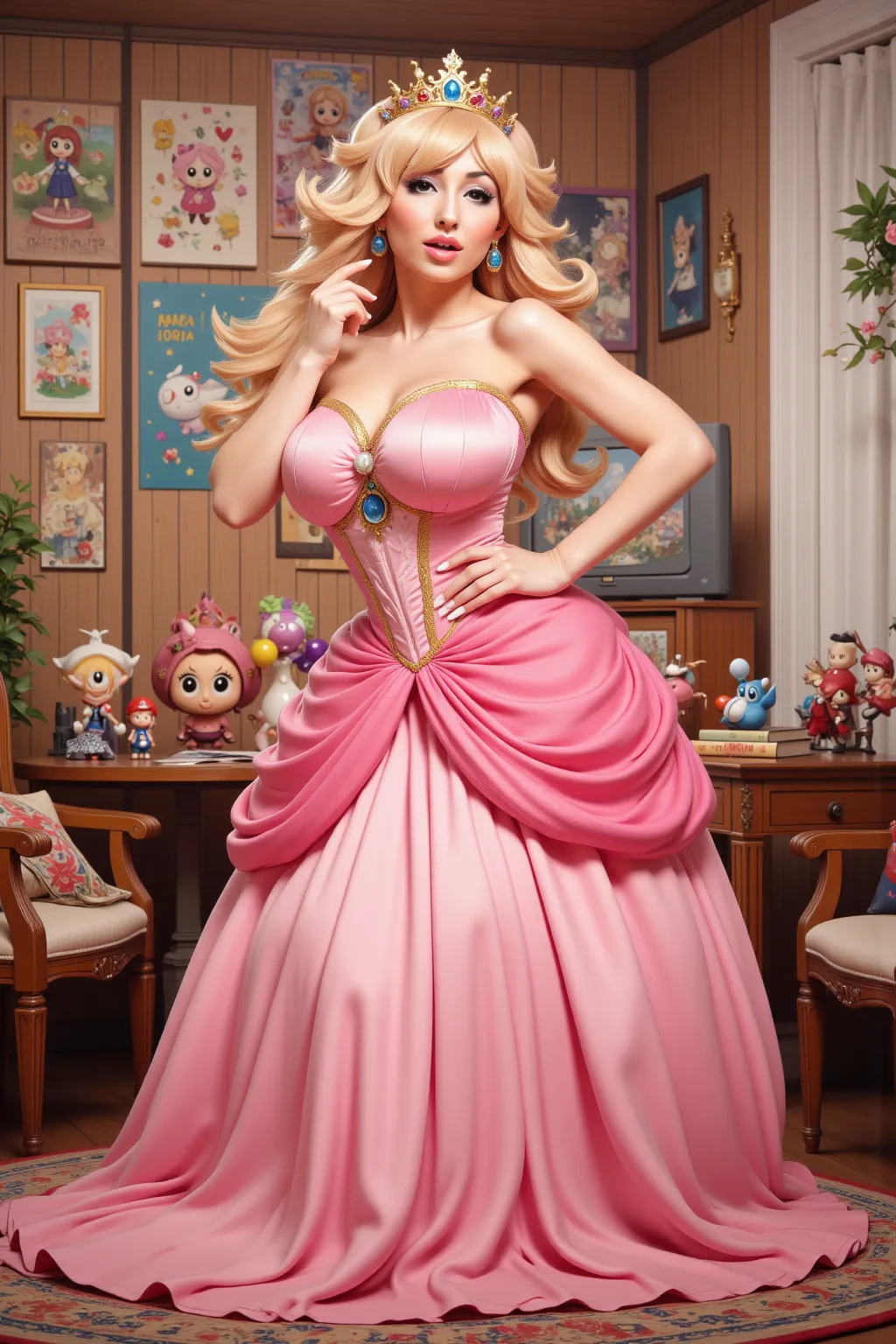 A cute woman in cosplay as Princess Peach of Super Mario fame. Playful sexy 'thirst trap' poses in her Otaku living room. She is makin Only Fans content