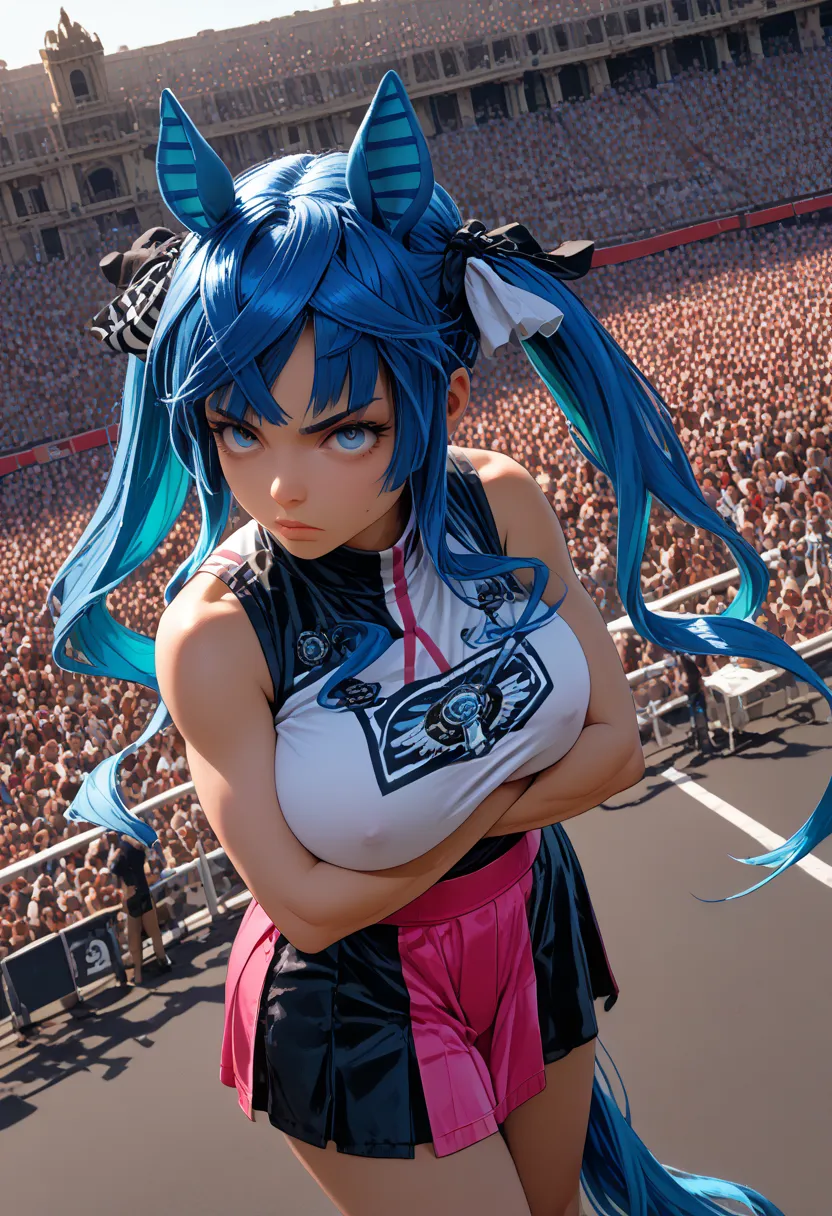 (((Twin Turbo)))、(((Blue Hair)))、(((twin tails)))、((( White and Pink Outfits )))、((( horse ears)))、(((crossed arms)))、(((Glare)))、((((  super huge  ,   abnormally swollen breasts   ))))、((((   BIG AT THE TEMPLE    ))))、、(((  super huge   ass)))、(((Muscle))...